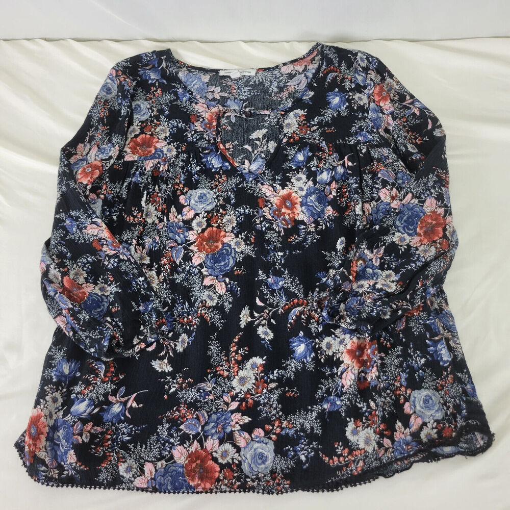 American Eagle Shirt Womens Small Boho Top Floral Long Peasant Sleeve Split Neck - Picture 3 of 10